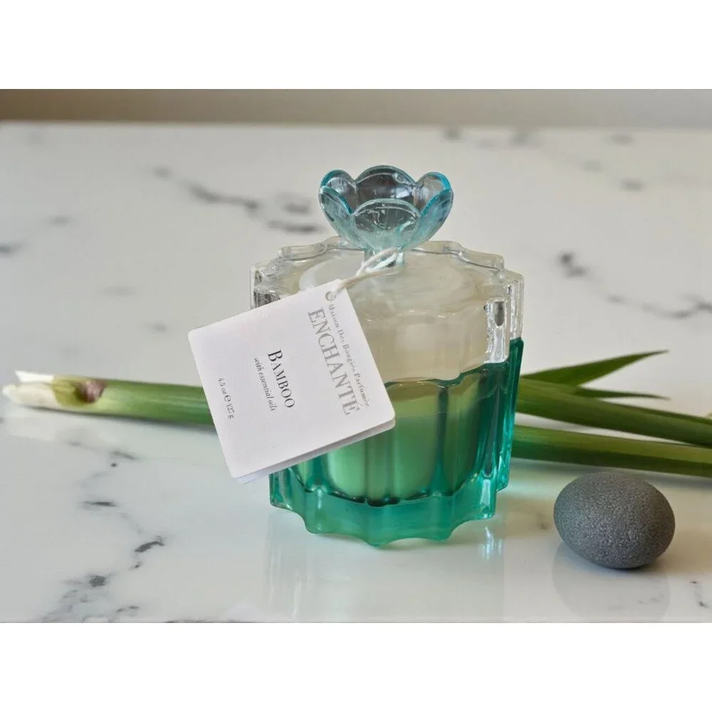 New Glass Flower BOHO Bamboo Candle With Essential Oils Room Decor - Picture 1 of 3